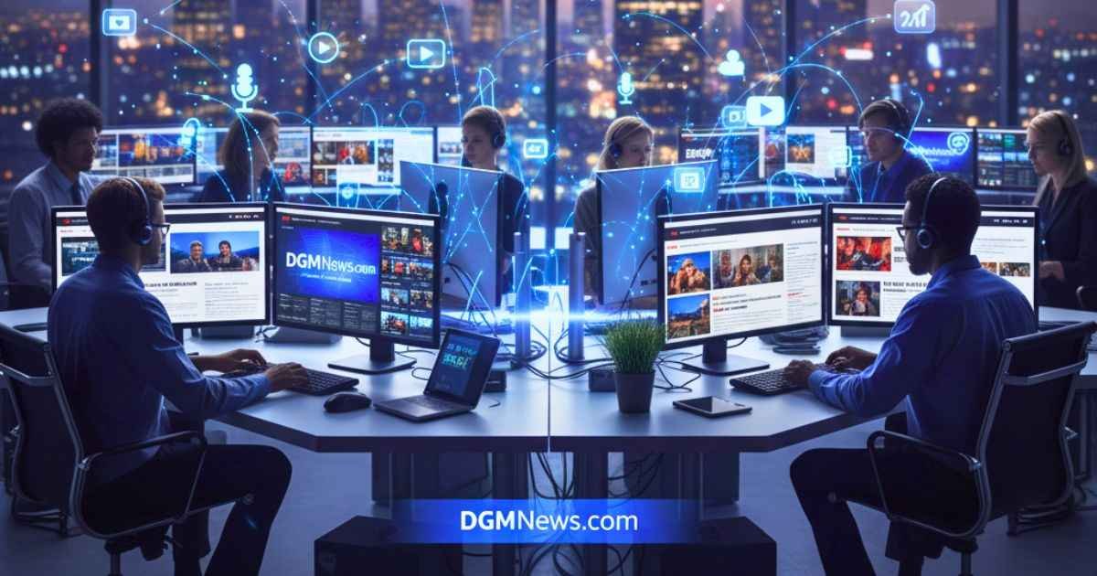 lean vector illustration of a global digital news network with technology and connectivity icons, glowing world map, and flowing headlines representing DGMNews.com as an emerging online news platform.