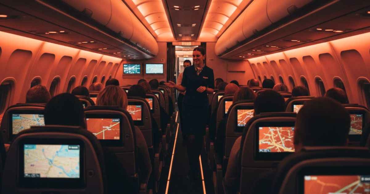 Calm passengers and Delta crew during Delta Flight DL275 Diverted LAX scene inside Airbus A350.