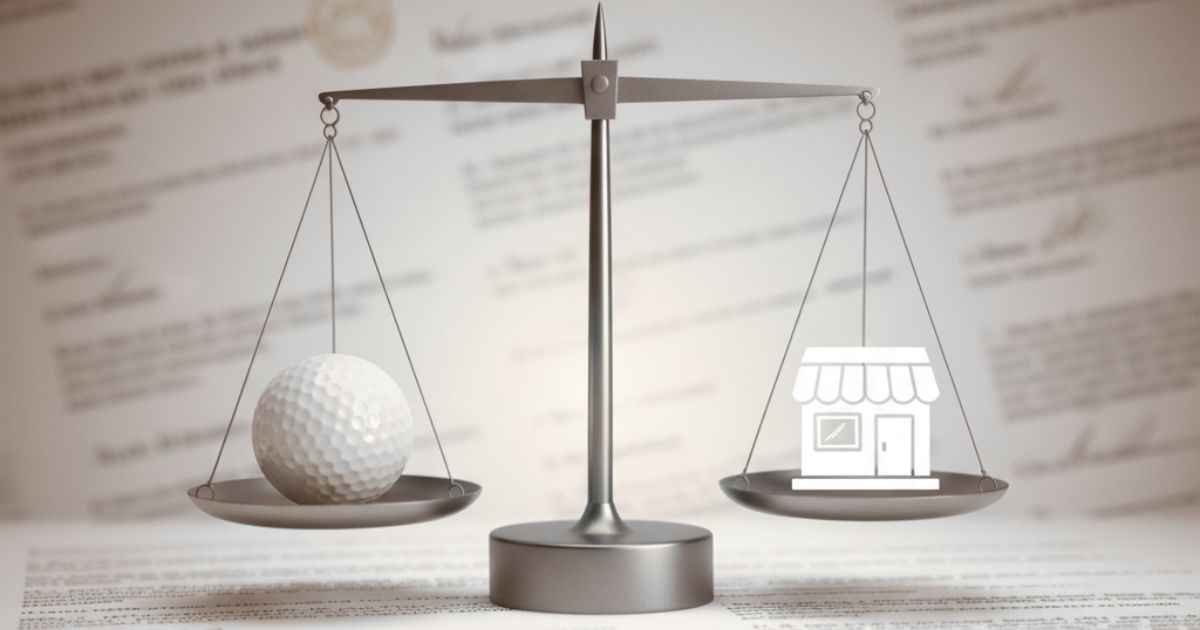 Scale of justice balanced between a golf ball and a small business shop, symbolizing the Direct Fairways lawsuit, with legal papers in the background