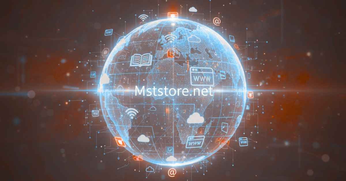 A glowing digital globe connected with website icons, books, and cloud symbols showing Mststore Net as a global online learning and resource platform.