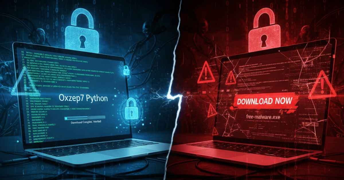Safe vs unsafe installation of New Software Oxzep7 Python on laptop screen showing Python code and warning signs.