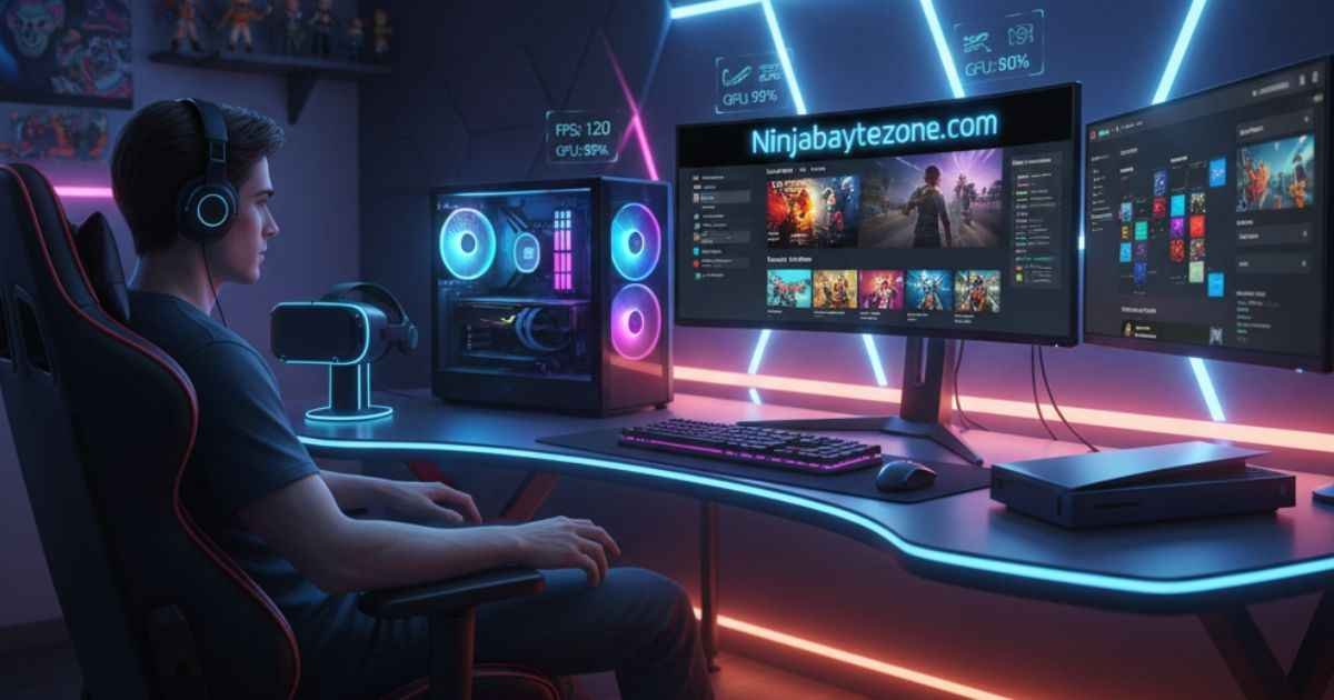 Wide realistic gaming and tech hub with high-end PC, consoles, VR headset, and monitors showing Ninjabytezone.com guides, game stats, and tech updates