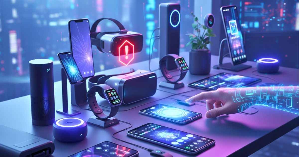 Techinsiderz.com gadgets: modern workspace with smartphones, smartwatches, VR headsets, AI devices, and subtle warning of risky tech