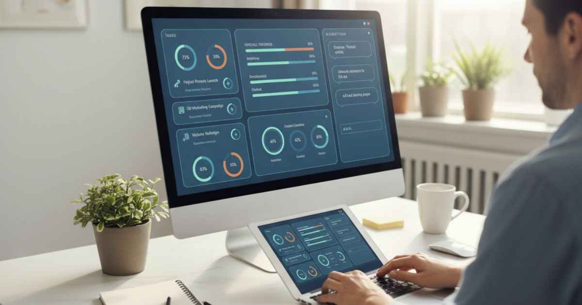 Time Warp Taskus dashboard showing tasks, smart scheduler, and team progress on a realistic computer screen