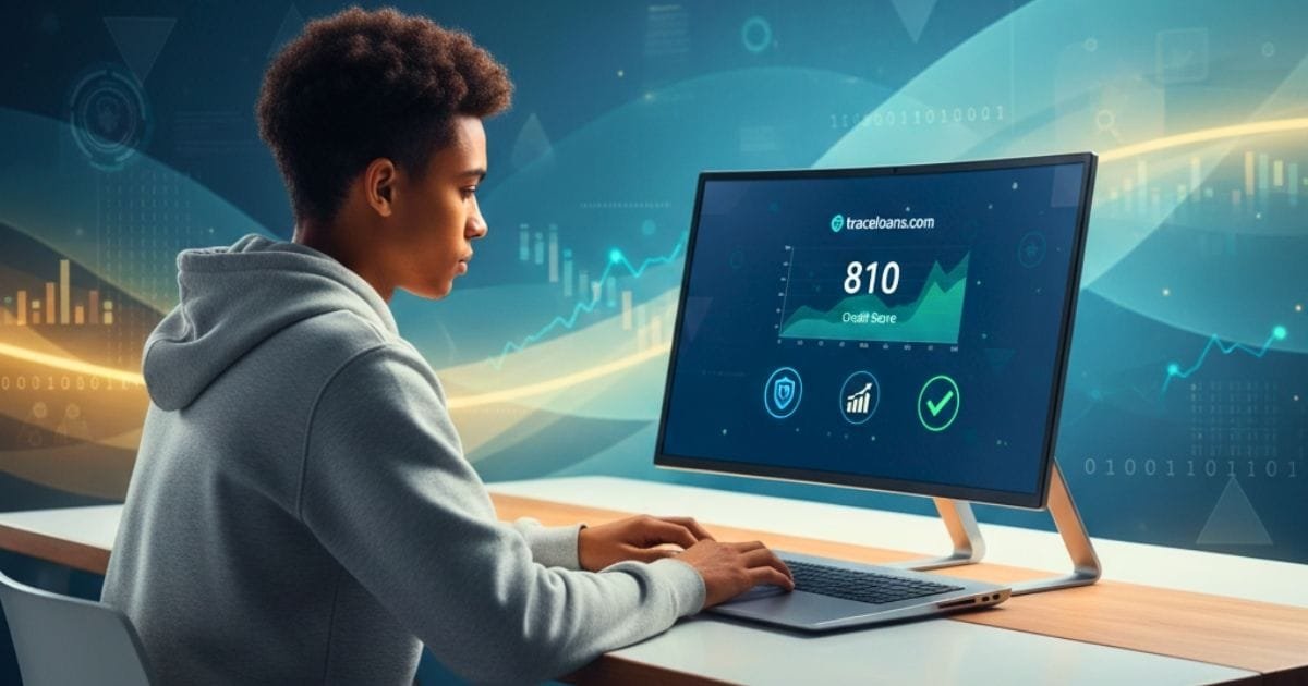 Young person checking traceloans.com credit score on laptop with charts, shield, and checkmark icons showing security, growth, and approval.