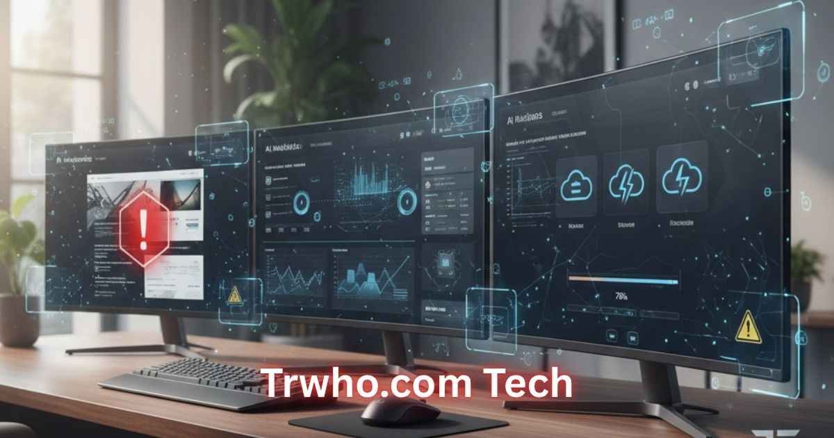 Trwho.com Tech interface on multiple screens showing partially loaded tools and AI dashboards
