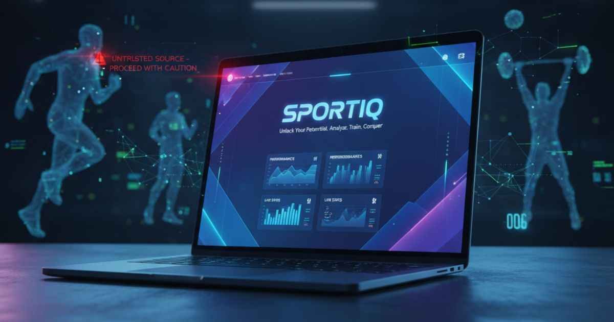 Mysterious digital sports website TopHillSport com shown on screen with glowing data and warning light.