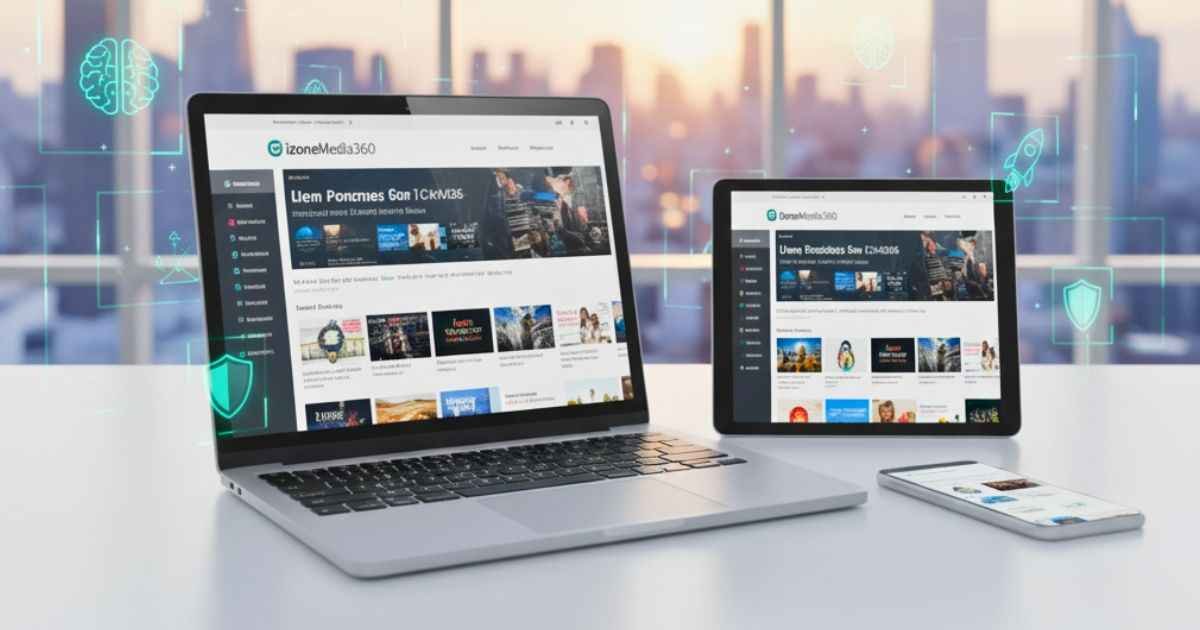 Wide digital illustration of iZoneMedia360 .com on laptop, tablet, and smartphone with AI, startups, and cybersecurity icons
